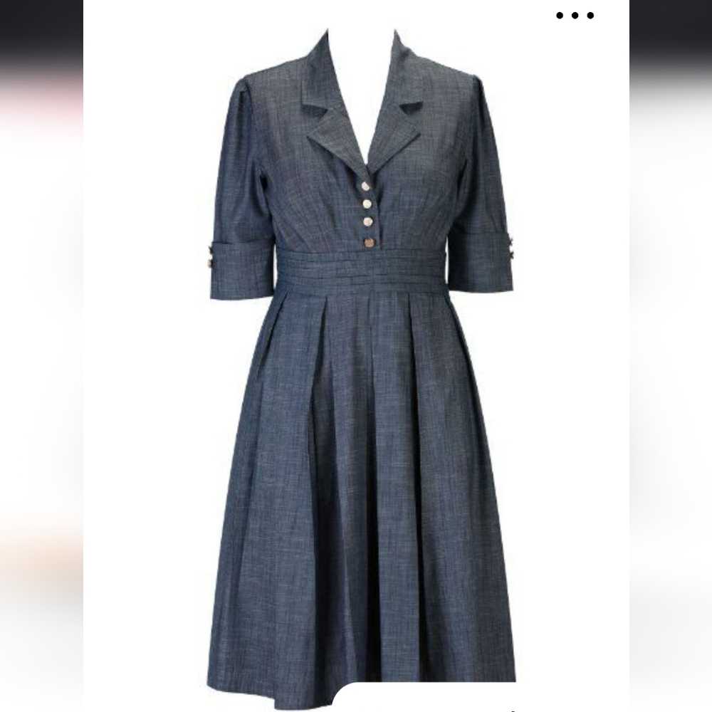 eShakti Retro Chambray Midi Shirtdress - Indigo Blue Denim Gold Buttons -Sz 14 - Picture 11 of 13